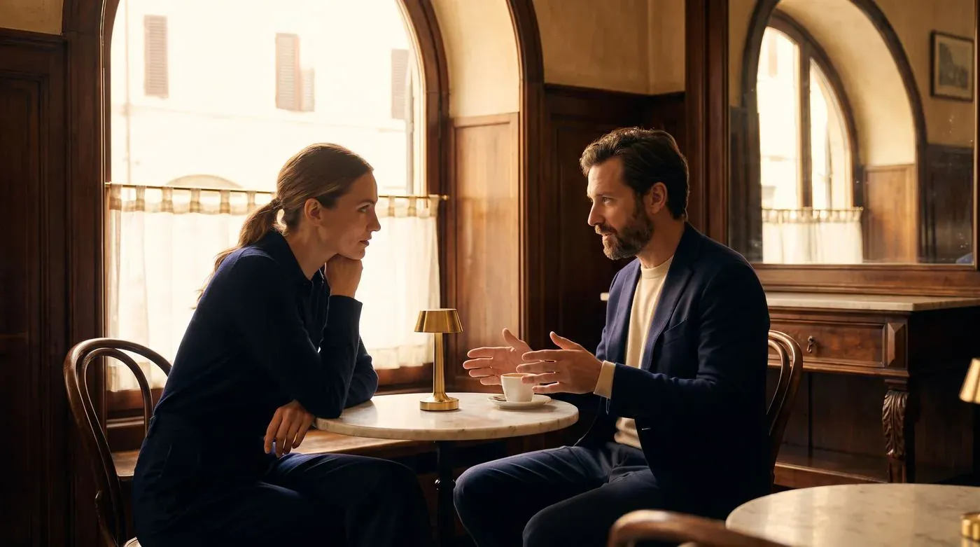 Due persone in conversazione al tavolino di un bar