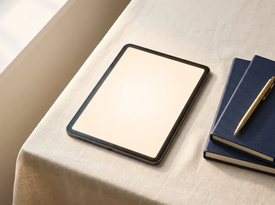 Un ebook aperto su tablet accanto a due taccuini