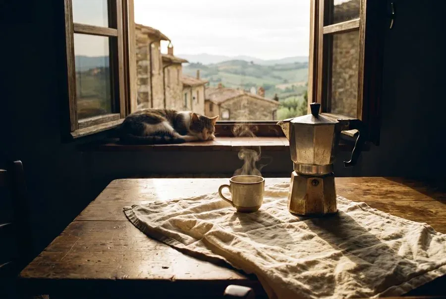 Una moka e una tazzina sul tavolo, al mattino