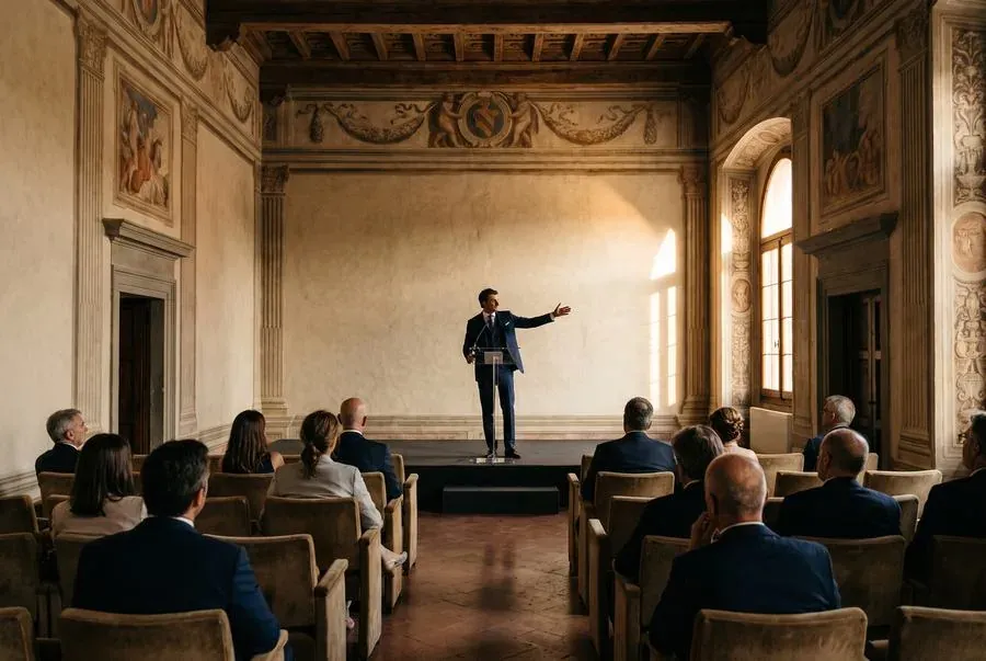 Una persona parla davanti a una piccola platea